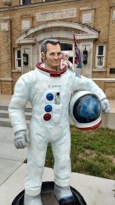 fiberglass statue of astronaut D. Slayton, in front of the Sparta Masonic Temple (now a museum)